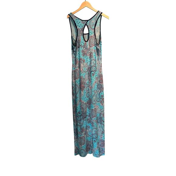 Boho Size Small Turquoise Maxi Dress  Print Keyhole Back Knit Comfy Chic Soft - Picture 2 of 5